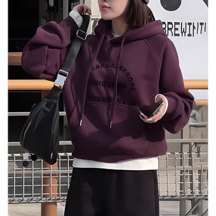 Early Spring Fleece-Lined Hooded Sweatshirt for Women, High-End Purple 2025 New Fashion Versatile Casual Top, Loose Fit Plus Size
