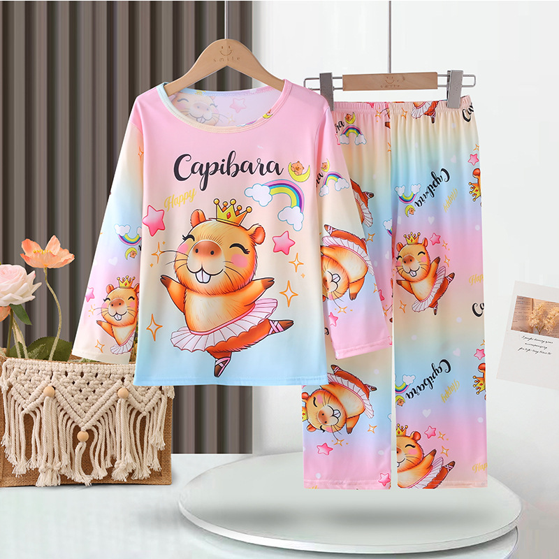 New Children's Long-Sleeved Pants Home Clothes Boys and Girls Pajamas Set Baby Cartoon Comfortable Home Clothes Air-Conditioned Clothes