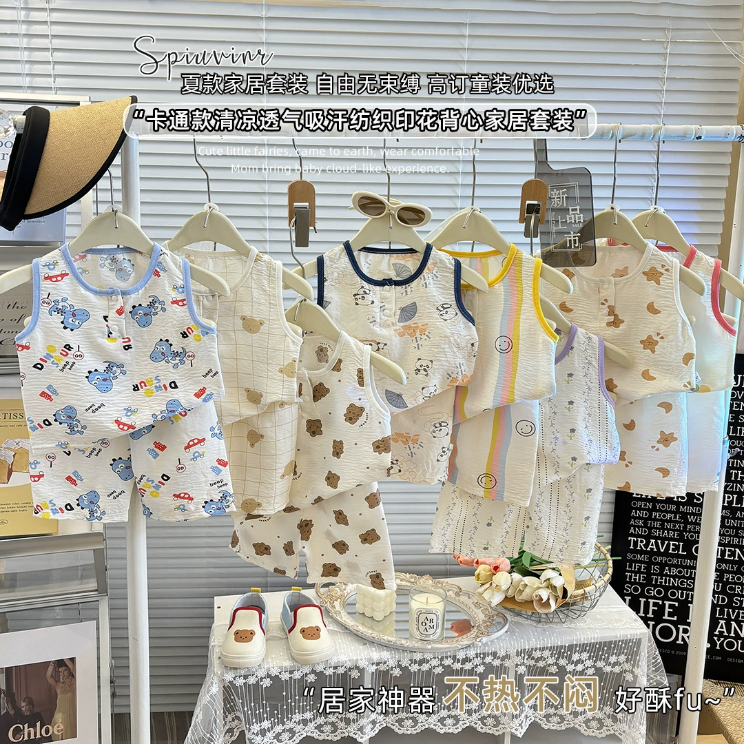 Комплект детских жилетов Летние шорты для мальчиков и девочек пижамы детские корейские домашние костюмы без рукавов