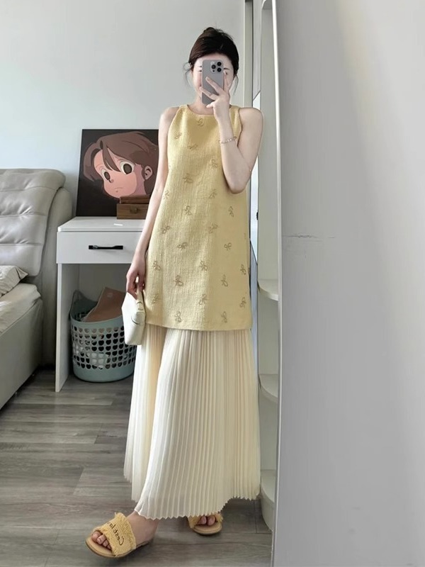 法式复古无袖背心挂脖连衣裙女装夏季感小香风叠穿套装裙子女|undefined