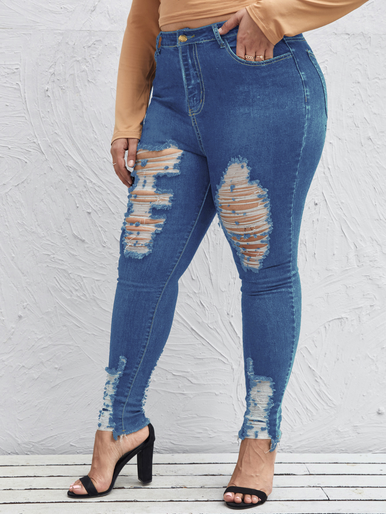 jeans ajustados rasgados elásticos de cintura alta de talla grande NSXXL128500