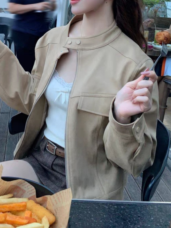 少女巴恩 复古圆领麂皮夹克外套女秋季韩系宽松休闲短款上衣|undefined