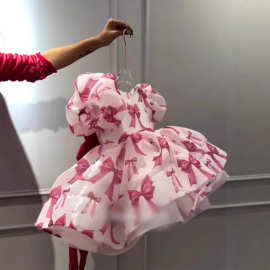 新款跨境外贸儿童拖尾蝴蝶结蓬蓬裙生日表演小礼服可爱印花连衣裙