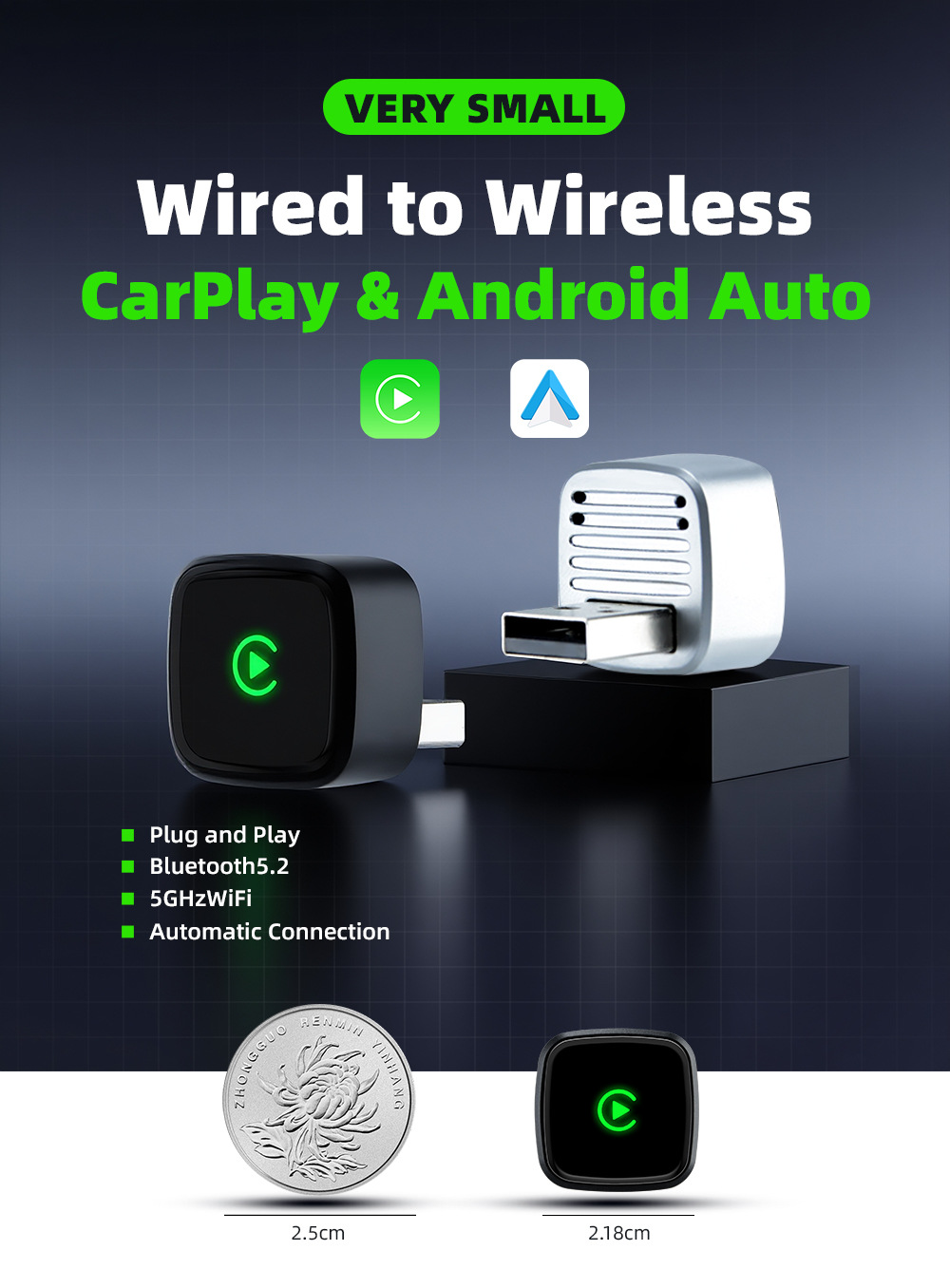 Original Car Wired-To-Wireless Carplay Box, Two-In-One Android Auto Smart Connectivity Box, Ultra-Small Plug-And-Play