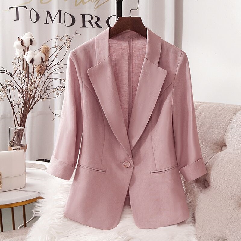Linen pink thin blazer for women, summer 2021, cotton-linen short slim-fit blazer, women's top for spring and autumn