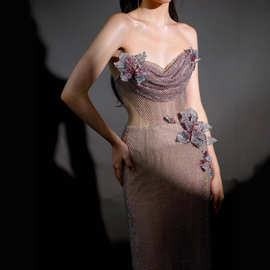 欧美跨境新款女装渔网水钻连衣裙性感紧身弹力渔网裙甜辣风抹胸裙