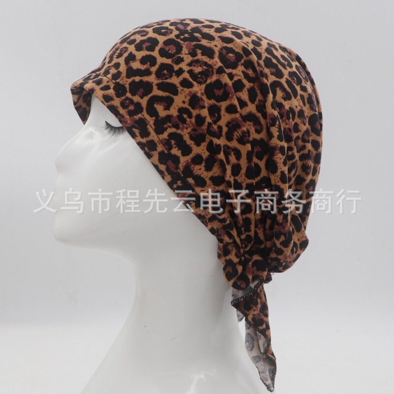 Leopard Print Pirate Hat Hip-Hop Style Turban New Style Baotou Hat with Tail Multi-Color Coffee Gray Leopard Print Pirate Hat