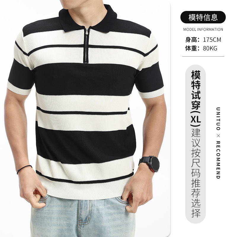 Lujo ligero viejo estilo de dinero para hombres a rayas de punto polo de seda de hielo para hombres mangas cortas de negocios casual solapa de alta calidad ropa de hombre