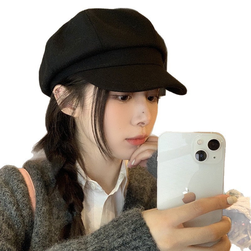 早秋新款贝雷帽女时尚百搭显脸小鸭舌帽大头围法式复古毛呢八角帽|undefined