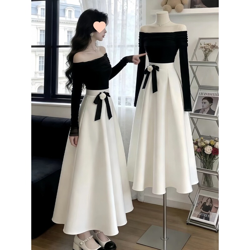 French-Style Birthday Outfit Set for Wealthy Young Women, Autumn Off-Shoulder Knit Top and A-Line Long Skirt Two-Piece Set