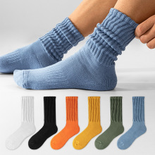 男士长筒毛巾底堆堆袜糖果色简约棉白袜秋冬季男生运动中筒潮流袜