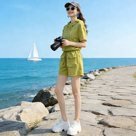 网红炸街防晒休闲运动服套装女夏时尚洋气跑步亮色短袖短裤两件套