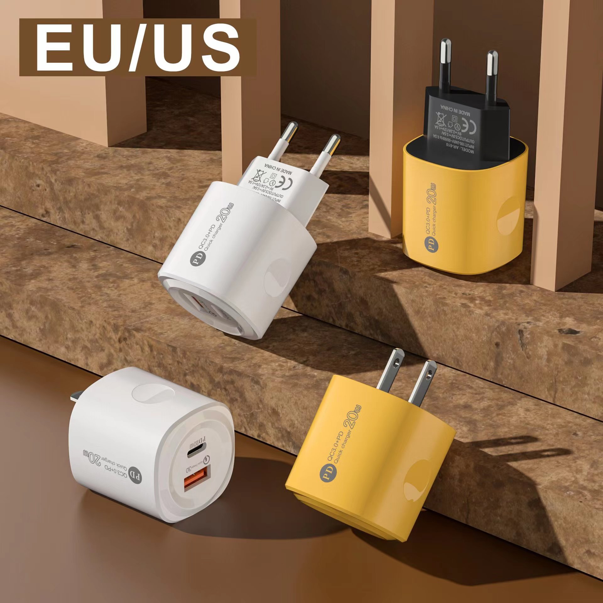 PD20W+QC3.0 European and American standard mobile phone multi charger yellow round shell dual port fast charging head_voghion.com