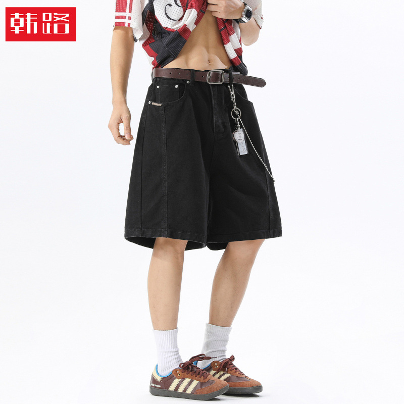 High street American style patchwork denim shorts, summer vintage washed workwear knee-length pants, straight loose mid-length pants High street American style patchwork denim shorts, summer vintage washed workwear knee-length pants, straight loose mid-length pants