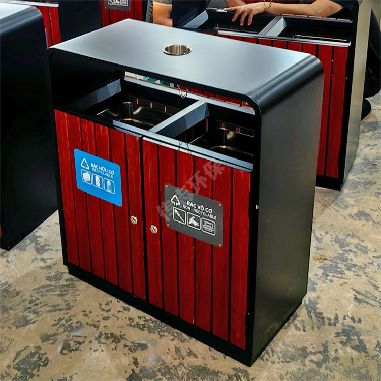 Outdoor Garden Landscape Park Sanitation Steel-Wood Dual-Category Trash Can Metal Recycling Bin Fruit Peel Box Manufacturer Customization