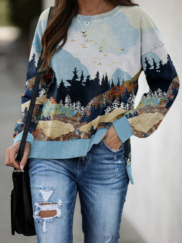 Europa y los Estados Unidos comercio exterior nuevo paisaje impresa camiseta de manga larga camiseta de invierno de otoño de Navidad camiseta de cuello redondo al por mayor