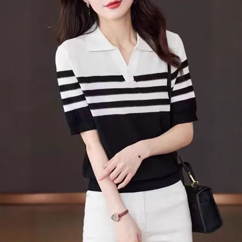 Spring and Summer New Style Pure Cotton Lapel Knitwear Women's Polo Shirt Striped Elegant Casual Tummy-Covering Collared T-Shirt