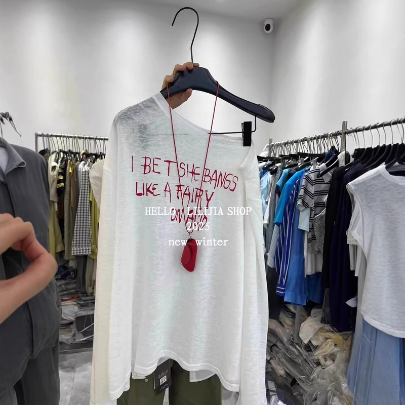 South Korea's Dongdaemun Summer New Letter Printed Thin Blouse Sun Protection Slimming Look Slant Collar Off-Shoulder Long-Sleeved T-Shirt