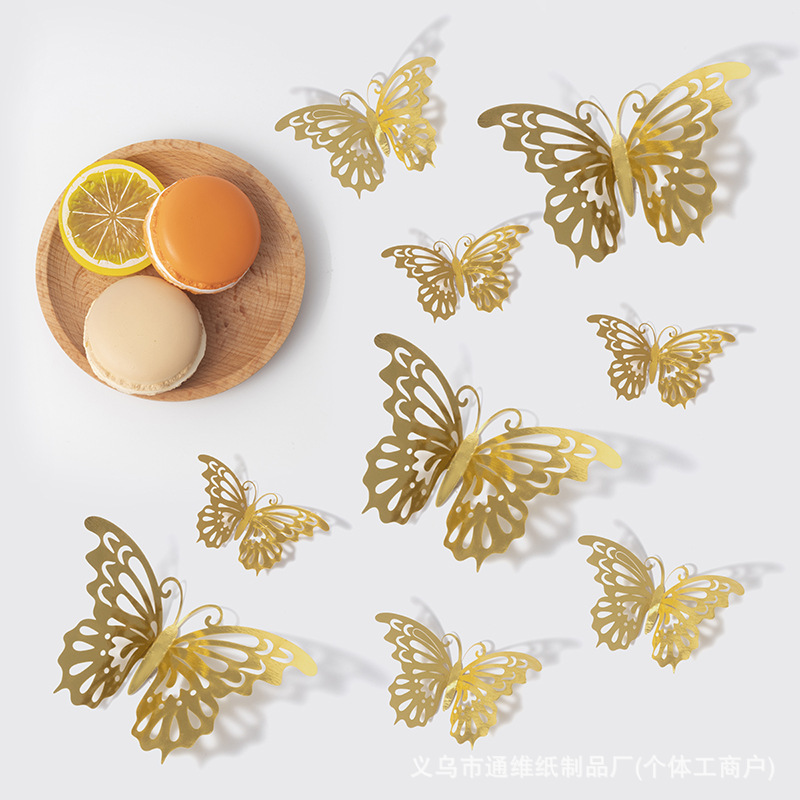 12 pegatinas doradas de mariposas huecas para pared, pegatinas de mariposas para decoración de paredes del hogar, pegatinas creativas de mariposas.