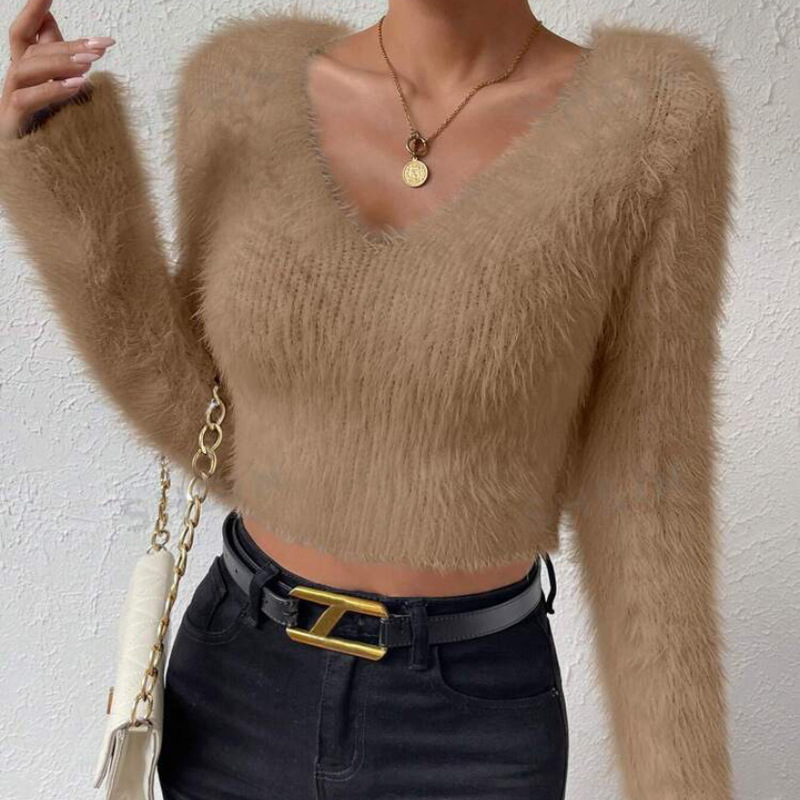 Cross-border European and American V-neck Sexy Navel Short Knitted Sweater Design Sense Slim-fit Long-sleeved Knitted Imitation Mink Sweater for Women Cross-border European and American V-neck Sexy Navel Short Knitted Sweater Design Sense Slim-fit Long-sleeved Knitted Imitation Mink Sweater for Women