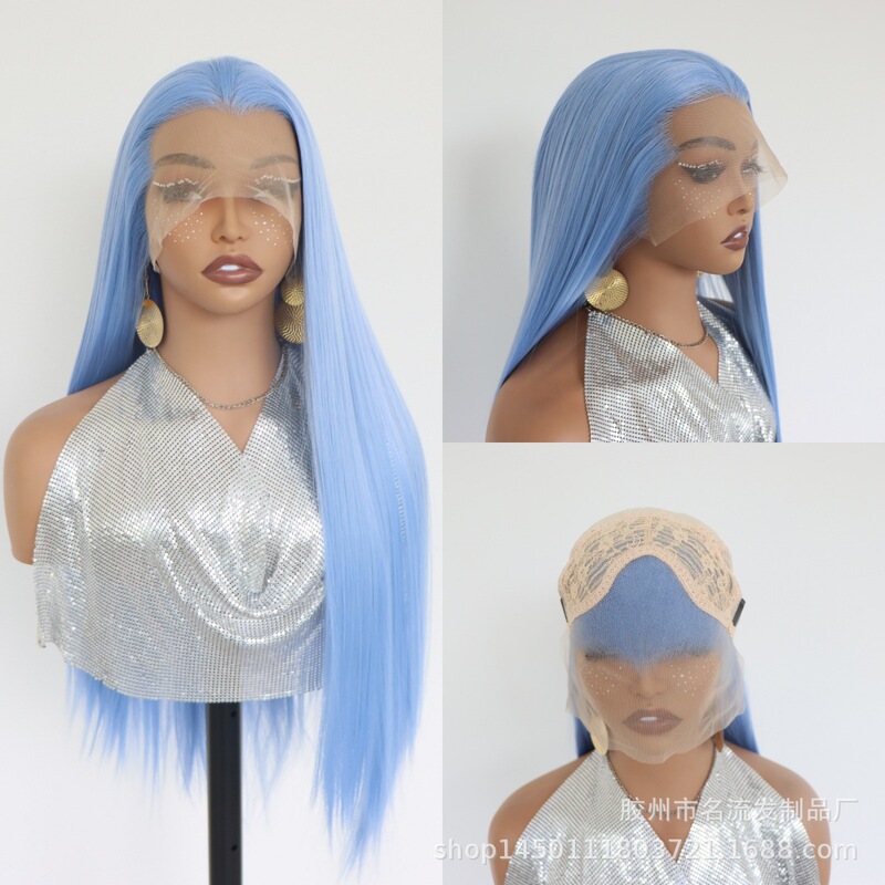 Blue Long Straight Wig with Three-Pointed Hand-Crocheted Front Lace, Beauty Point, Hanfu Cosplay Wig