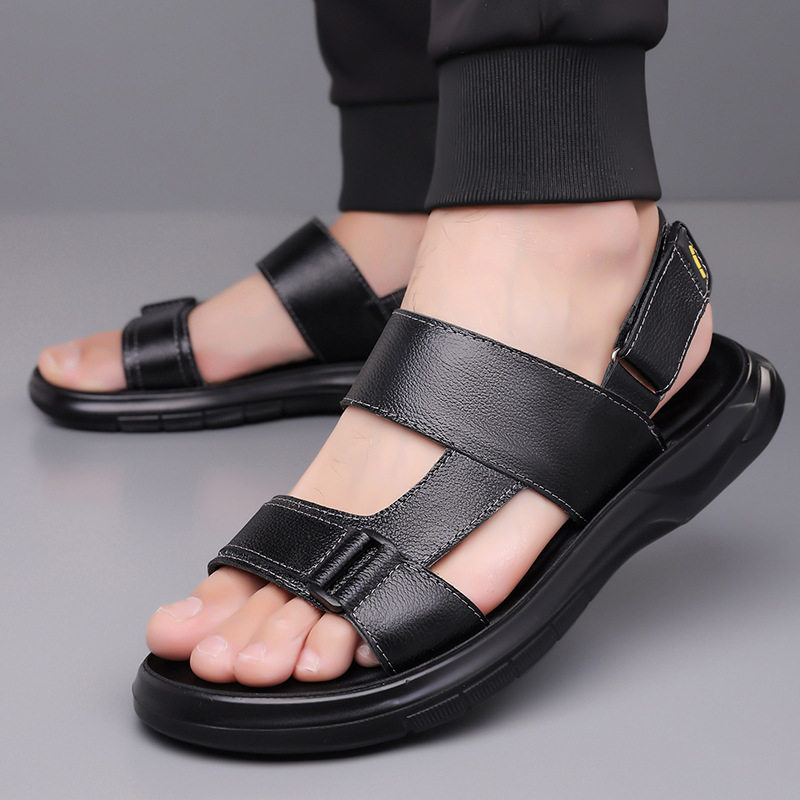 Dép sandal nam da bò thoáng khí đế mềm kiểu lười hai cách dùng, đi chơi và đi biển — S2691 màu nâu, S2691 màu đen