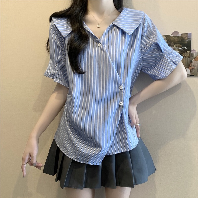 French Style Elegant V-neck Shirt Women's Spring and Summer High-end Irregular Design Pleated Waist Slimming Short-sleeved Top