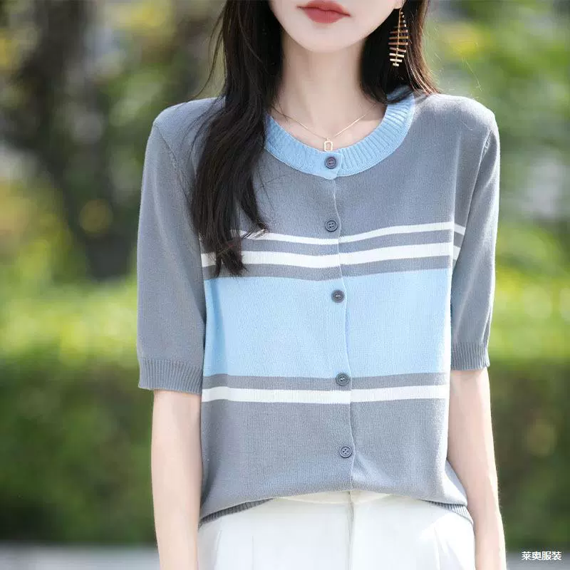Корейский стиль, контрастный полосатый ледяной шелк, вязаный кардиган с короткими рукавами, женская летняя новая футболка с круглым вырезом, топ
