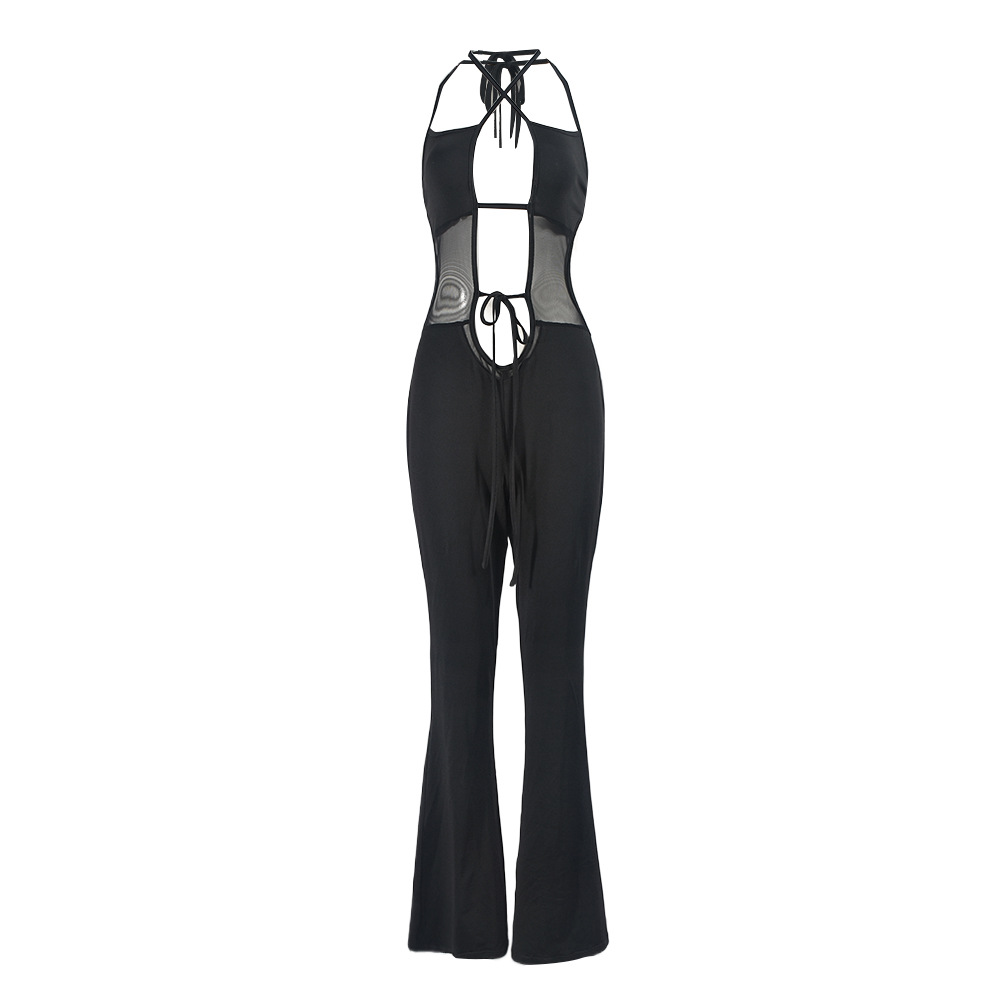 Summer Sleeveless Lace up Backless Slightly Flared Sexy Wide Leg Jumpsuit for Women
