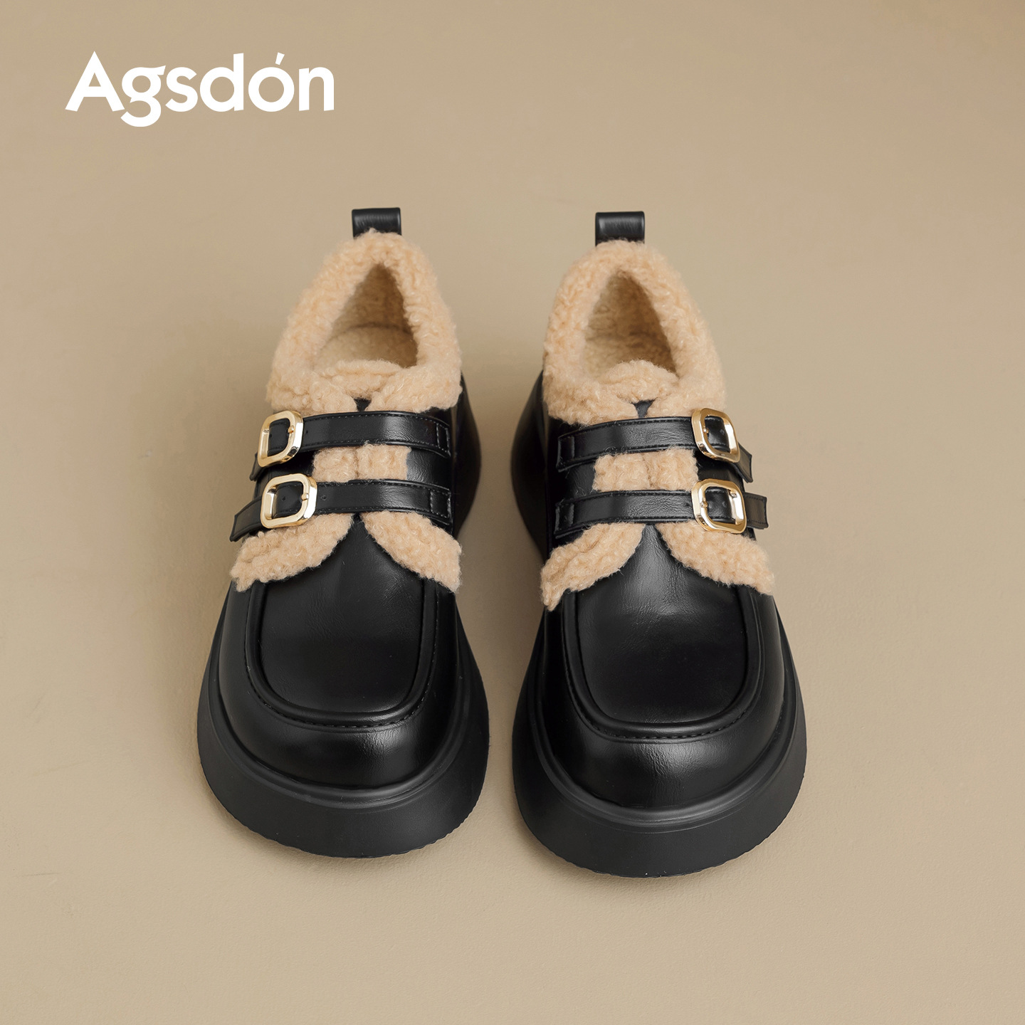 Augusto Lion negro Lefour zapatos para mujeres 2025 nuevo invierno con lana de fondo grueso zapatos de lana de estilo británico zapatos de cuero pequeños