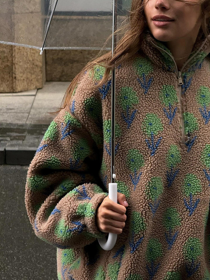 Áo nỉ lông cừu dệt jacquard nữ dáng rộng cổ cao nửa khóa kéo tay dài — Tím, màu xanh lá cây chi tiết 19