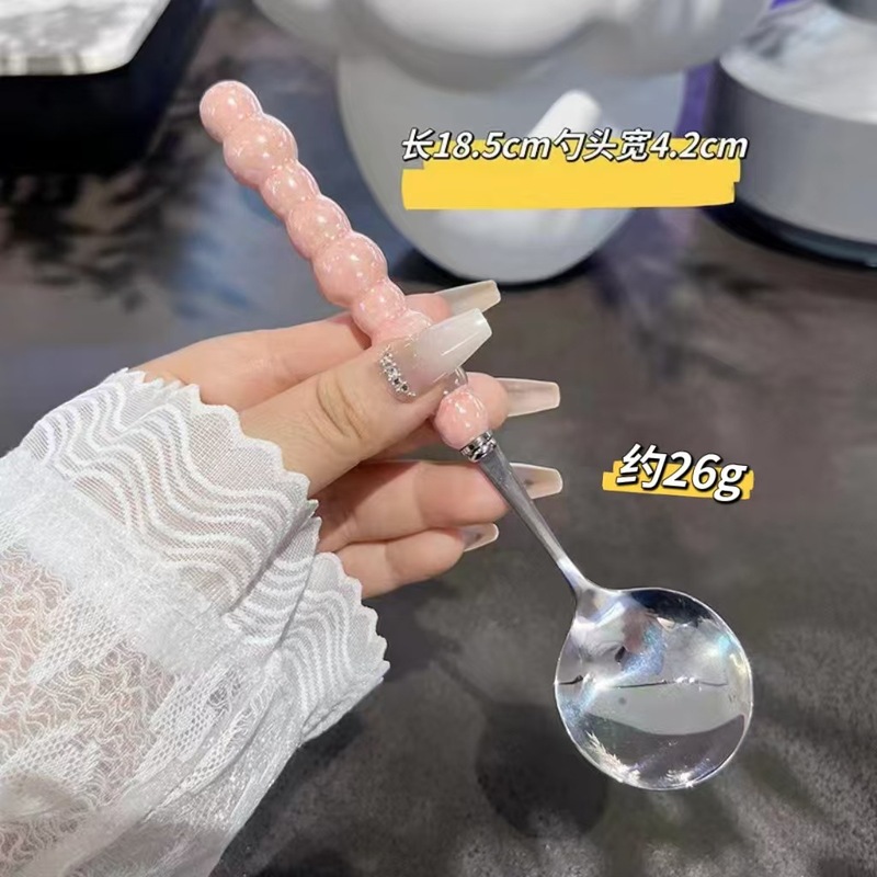 カラーパールステンレススプーンプラスチックハンドルスプーン少女心家庭用スプーンスプーン|undefined