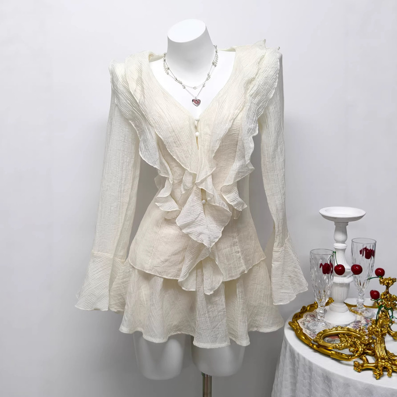 E1-In Stock-95129 # Stylish and Unique Ruffled Women's Summer Chiffon Shirt and Short Skirt Set. E1-In Stock-95129 # Stylish and Unique Ruffled Women's Summer Chiffon Shirt and Short Skirt Set.