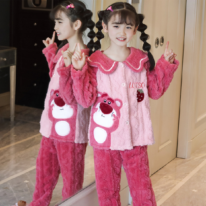 Pijamas para niños niñas de invierno y otoño de franela caliente y grueso de terciopelo de dibujos animados para niños coral terciopelo de coral ropa para el hogar