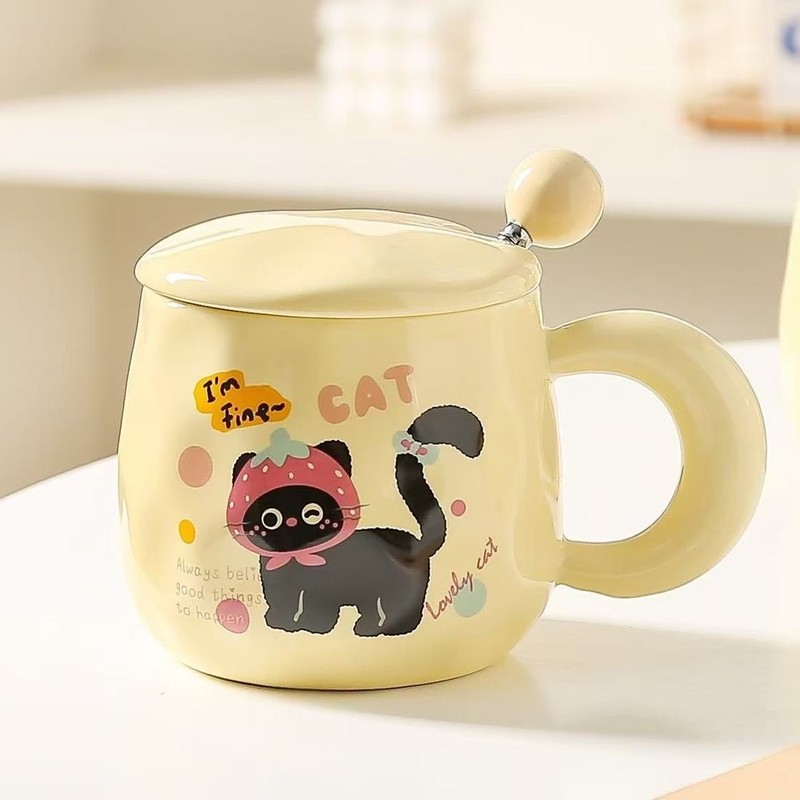かわいいミルクFUFU黒猫マグカップ蓋付きスプーンで女の子に誕生日プレゼント高颜値プレゼントカップオフィス朝|undefined
