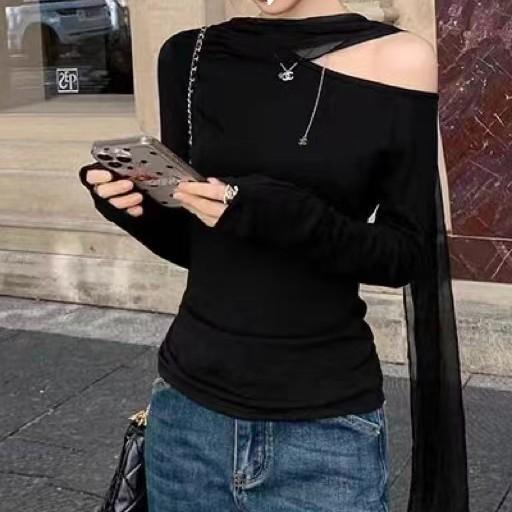 飘带设计纯色不对称斜肩长袖恤女2025秋修身显瘦上衣白色黑色|undefined