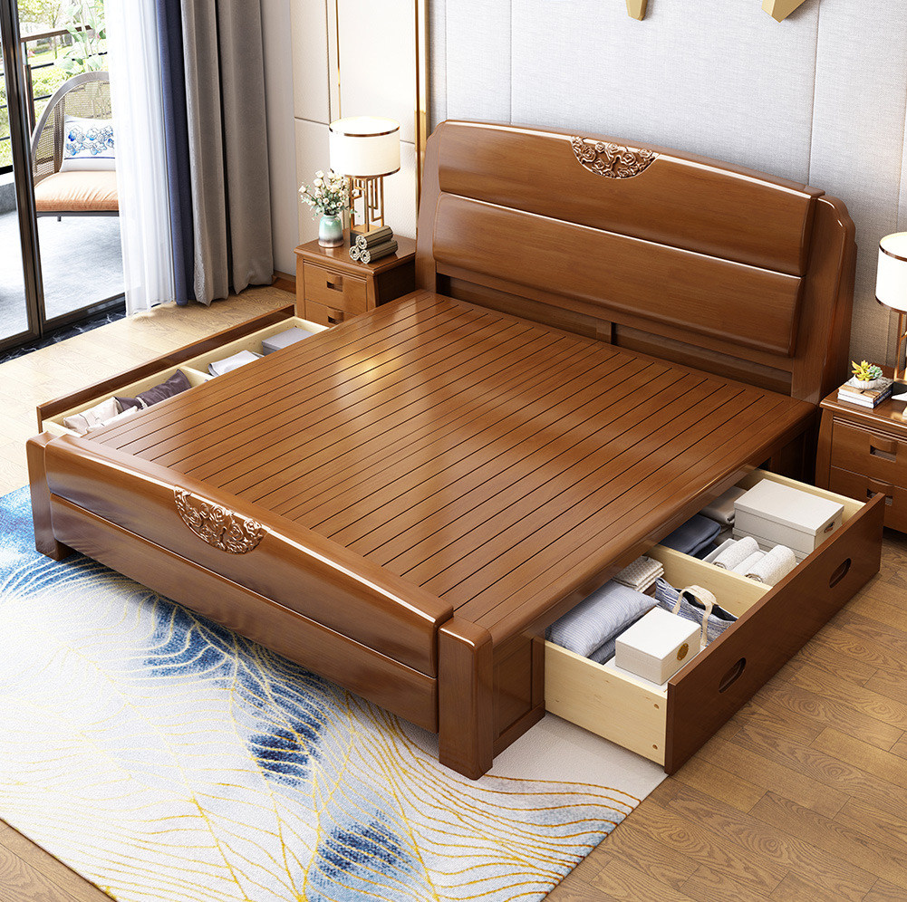Chinese-style solid wood bed minimalist rental bed 1.8m double bed economy 1.5-meter single bed bed bedroom storage bed
