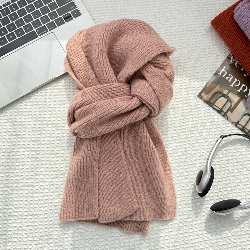 韩系氛围感纯色针织毛线围巾女秋冬季仿羊绒冬天保暖小围脖男批发