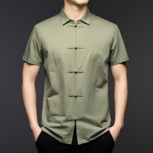 2025 summer new lapel short sleeve T-shirt men's fashion casual solid color trend printed Tang suit buckle half sleeve men