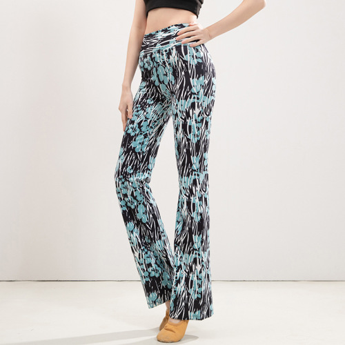 欧美豹纹瑜伽微喇叭裤女高腰裸感蜜桃提臀直筒舞蹈运动健身长裤