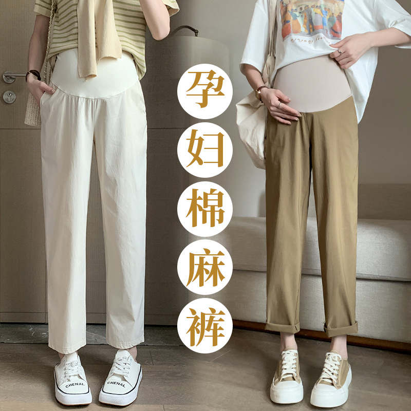 Real Shot Pregnant Women Spring and Summer New Cotton and Linen Elastic Straight Leg Pants Outer Wear Loose Wide Leg Pants Ankle-length Pants Small Trousers