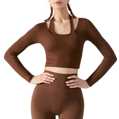 Cross-border autumn and winter halterneck fake two-piece yoga long-sleeved women's removable chest pad slim fitness clothing running sports top