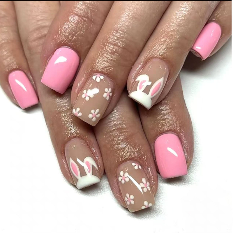 Spring and Summer Pink Floral Design Easter Cute Bunny Ears Wearable Nails Nail Art Nail Tips Fake Nails Spring and Summer Pink Floral Design Easter Cute Bunny Ears Wearable Nails Nail Art Nail Tips Fake Nails