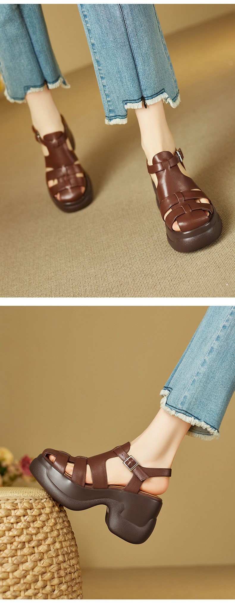 Sandal cao gót nữ mũi bao đế platform 9 cm quai chữ T kiểu La Mã — nâu sẫm chi tiết 5