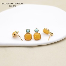 S925银镶天然蜜蜡绿松石方糖设计感复古耳钉