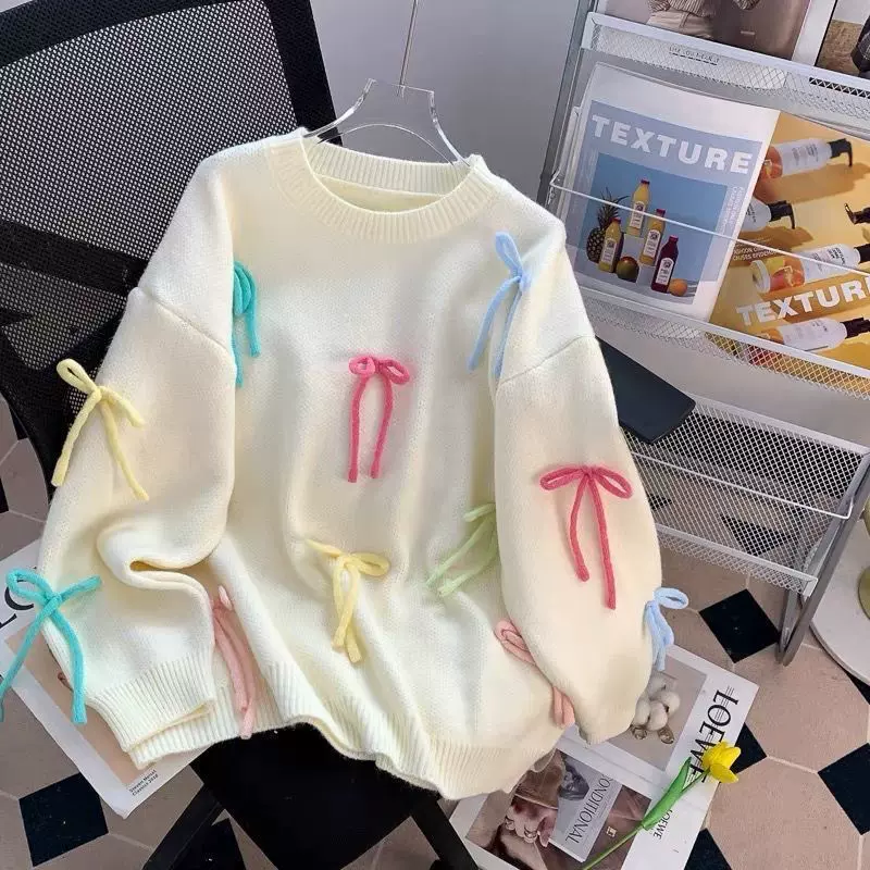 白色慵懒风甜美蝴蝶结毛衣女秋冬2025新款针织衫学院风外穿上衣服