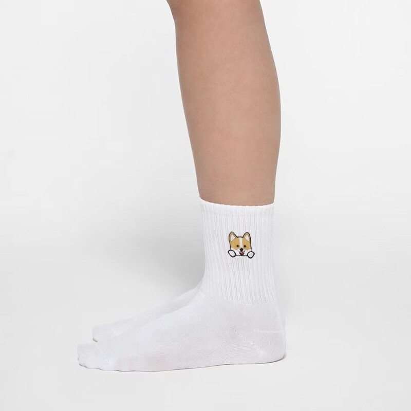 Zhou Nai Gai Men's and Women's Mid-Calf Socks with Embroidered Corgi and Husky Animal Designs, Cute Cotton Thin Socks for All Seasons, Export Quality Zhou Nai Gai Men's and Women's Mid-Calf Socks with Embroidered Corgi and Husky Animal Designs, Cute Cotton Thin Socks for All Seasons, Export Quality