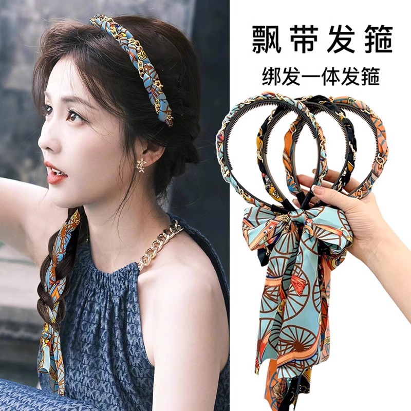 Sensor de alto nivel de banda de cabello para mujeres de alta presión craneal tarjeta de cabello temperamento de moda trenzada bufandas de seda banda de cabello adornamiento para el cabello