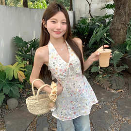 甜美碎花挂脖v领无袖背心女2025夏季新款气质收腰显瘦吊带上衣潮n