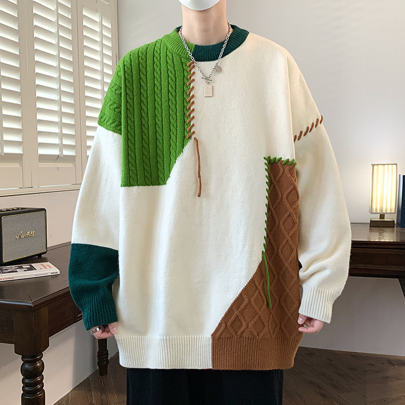 Anyang contraste color cuello redondo suéter hombres Otoño e Invierno nueva marca de moda suéter perezoso estilo diseño suelta pareja suéter